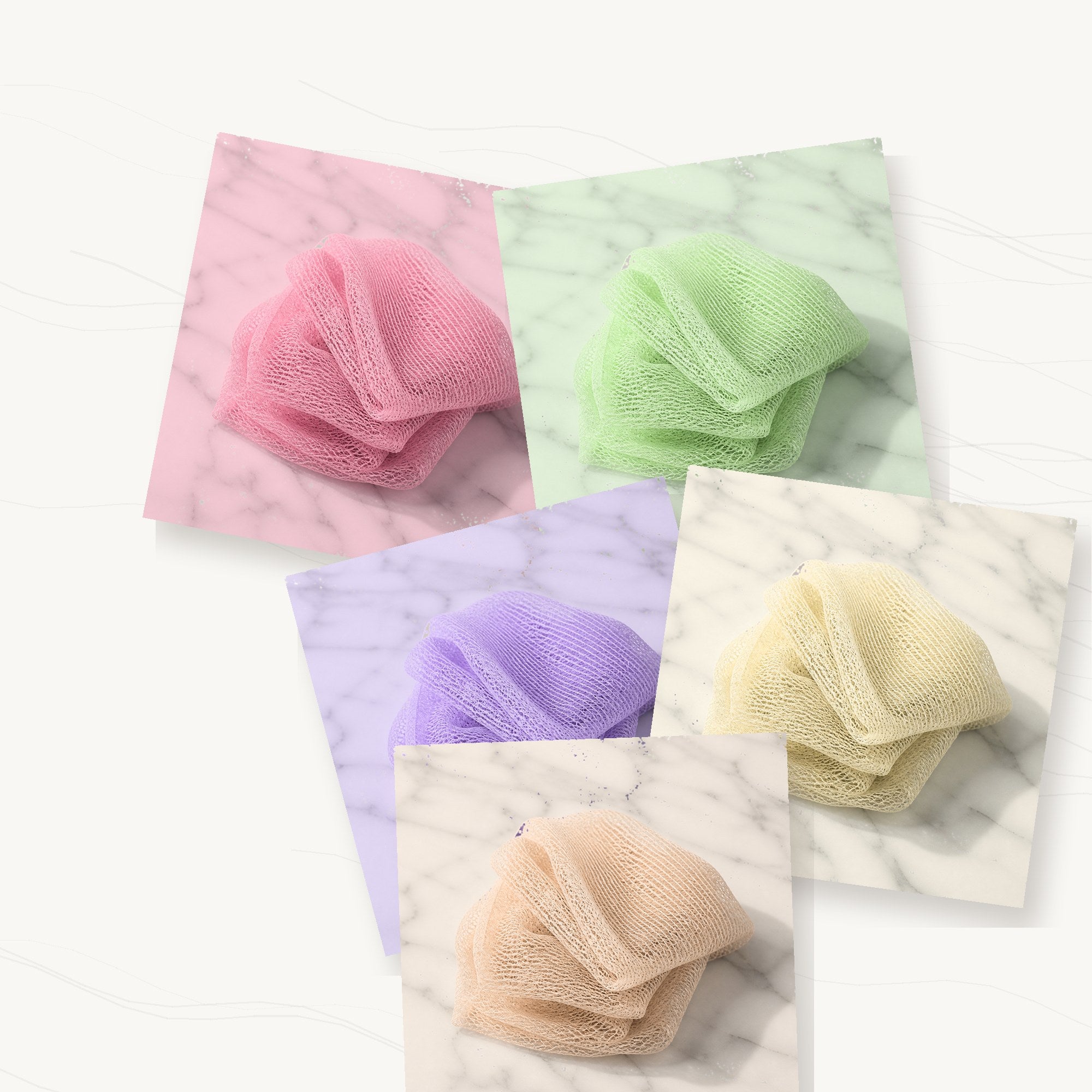 Five African net sponge color options arranged in a flat lay
