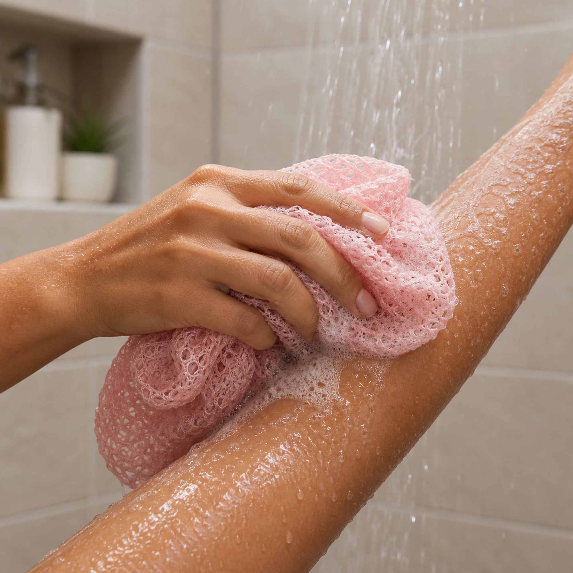Blush pink African net sponge being used with lather on an arm in the shower