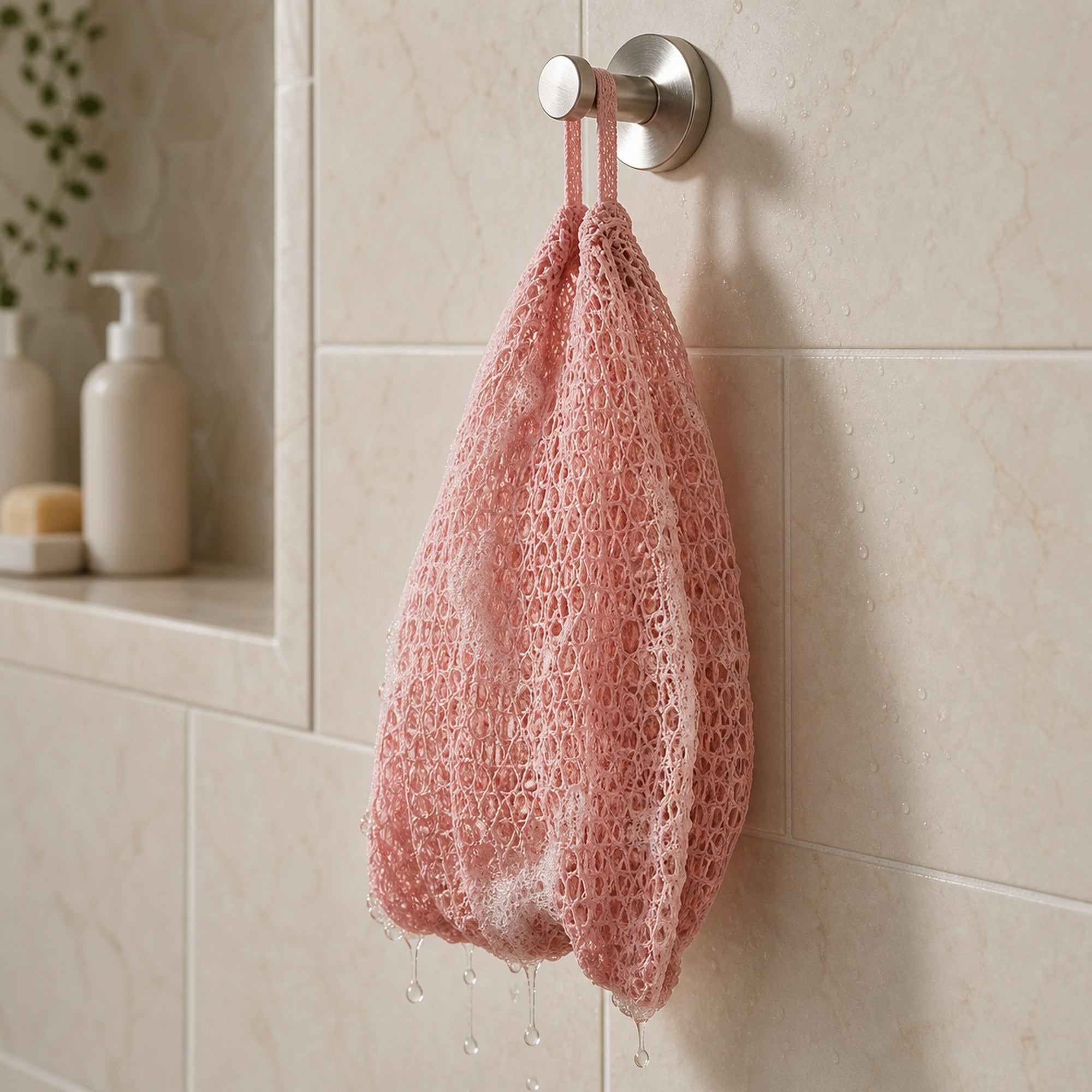 Blush pink African net sponge hanging to dry on a modern shower hook